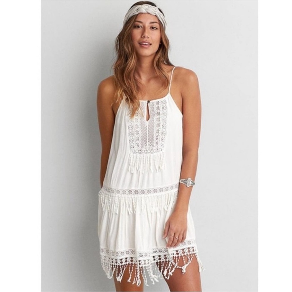 American Eagle Outfitters Women's Off White Boho Strappy Fringe Dress